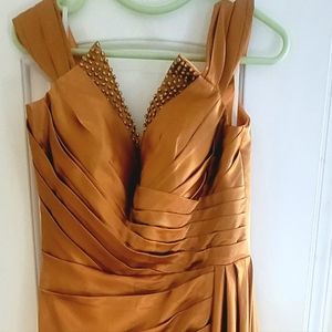 Beaded GOLD Mermaid Dress w/ High Thigh Slit. NEVER WORN!